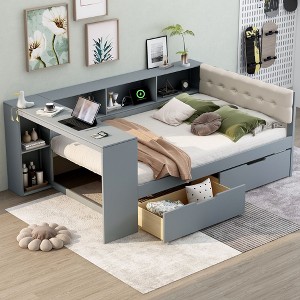 CAVINAS Twin Size Bed Modern Wooden Bed Frame with 2 Storage Drawers, 5 Shelves and Upholstered Headboard for Bedroom - 1 of 4