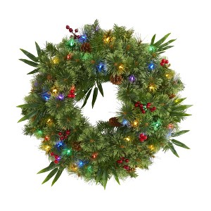 Nearly Natural 24” Mixed Pine Artificial Christmas Wreath with 50 Multicolored LED Lights, Berries and Pine Cones - 1 of 4