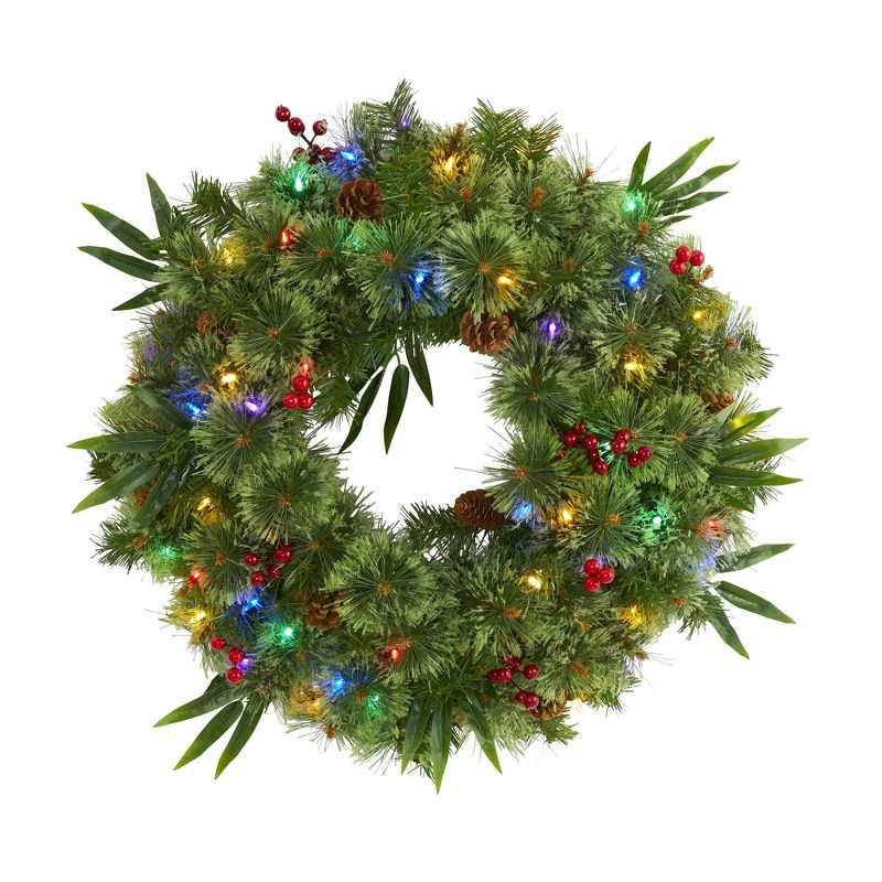 Nearly Natural 24” Mixed Pine Artificial Christmas Wreath with 50 Multicolored LED Lights, Berries and Pine Cones, 1 of 6