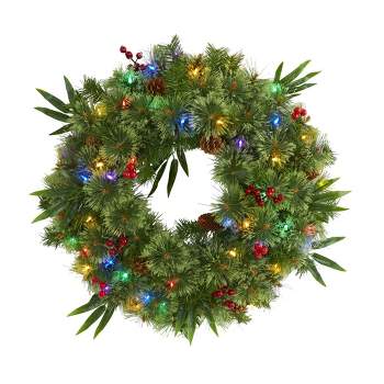 Nearly Natural 24” Mixed Pine Artificial Christmas Wreath with 50 Multicolored LED Lights, Berries and Pine Cones