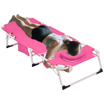 PAGED Outdoor Patio Chaise Lounge Chair, 3-in-1 Heavy Duty Tanning Chair with Face Hole and 5-Position Folding for Portable Lay Flat Beach, Pink