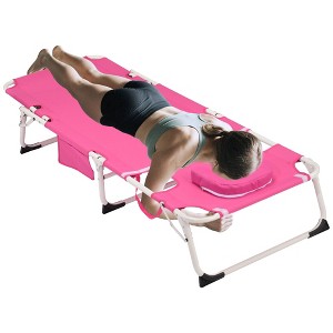 PAGED Outdoor Patio Chaise Lounge Chair, 3-in-1 Heavy Duty Tanning Chair with Face Hole and 5-Position Folding for Portable Lay Flat Beach, Pink - 1 of 4