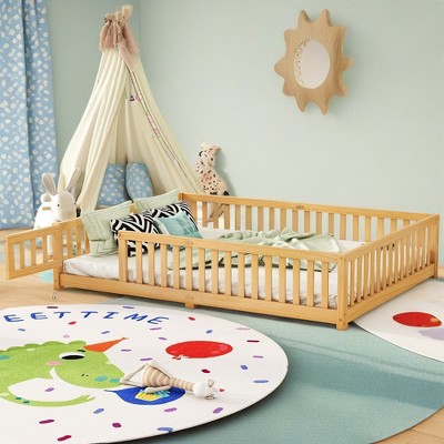 ROOMTEC Floor Bedframe w/Safety Guardrails and Door,Wood Bed with Removed Slats for Kids