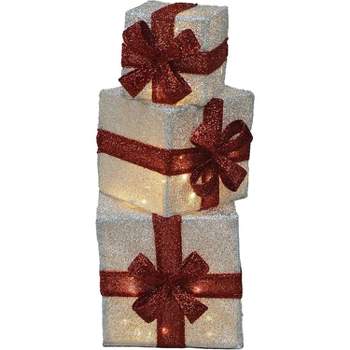 Candy Cane Lane 8/10/12 Inch Set Of Three Silver With Red Bow Presents Outdoor Led Décor, Nested