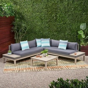 Osparple Outdoor Patio Furniture Set Wicker Acacia Wood Sectional L-Shaped Sofa with Cushions Wooden Square Coffee Table for Garden, Terrace - 1 of 4