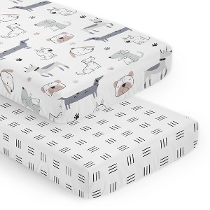 Sweet Jojo Designs Boy, Girl, Unisex/Gender Neutral Fitted Crib Sheets Set Cartoon Puppy Grey Taupe and Blue 2pc - 1 of 4