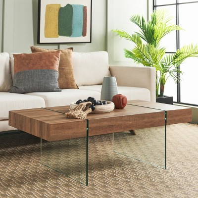 Jacob Natural Brown Wood and Clear Glass Rectangular Coffee Table