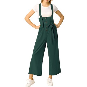 Allegra K Women's High Waist Wide Leg Belted Button Long Overalls Jumpsuit - 1 of 4