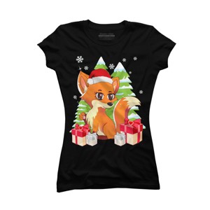 Junior's Design By Humans Fox Santa Hat Christmas T Shirt By thebeardstudio T-Shirt - 1 of 3