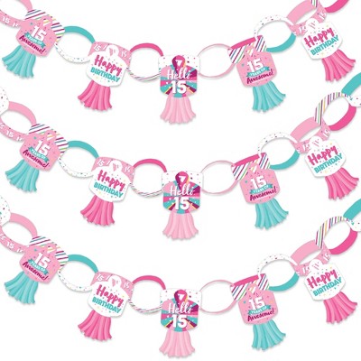 Big Dot of Happiness Girl 15th Birthday - 90 Chain Links and 30 Paper Tassels Decoration Kit - Teen Birthday Party Paper Chains Garland - 21 feet