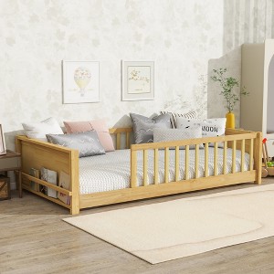 KWPZQEB Twin Size Floor Bed Frame with Safety Guardrails & Book Rack, Wood Floor Bed with Fence, Montessori Floor Beds for Girls and Boys - 1 of 4