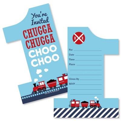 Big Dot of Happiness 1st Birthday Railroad Party Crossing - Shaped Fill-in Invites - Train Birthday Party Invitation Cards with Envelopes - Set of 12