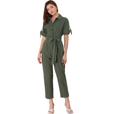 2023 Women's Short Sleeve Collared Cropped Coverall Button Down V-neck Tie  Waist Cotton Cargo Jumpsuit