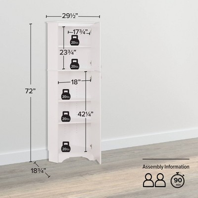 Elite Tall White Freestanding Corner Storage Cabinet with Adjustable Shelving