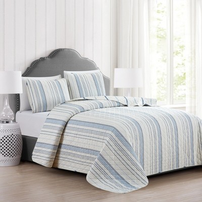 Sofia Ivory & Blue Striped Reversible Microfiber Quilt Set - Full/Queen