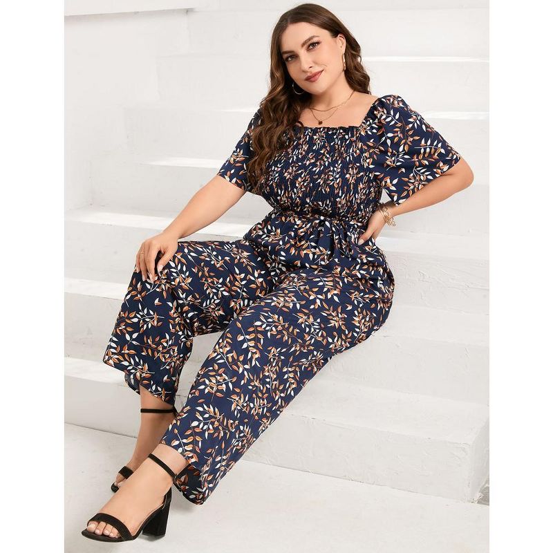 Whizmax Plus Size Casual Jumpsuits for Women Outfits Tie Belt Bell Sleeve Smocked Beach Wide Leg Floral Jumpsuits, 3 of 6