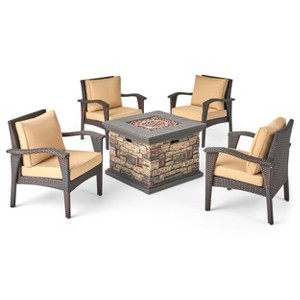 GDFStudio Barstow Outdoor Wicker 5 Piece Club Chair and Fire Pit Set with Cushions - 1 of 4