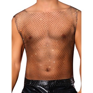 INSPIRE CHIC Men's Festival Fishnet Sheer Sparkly Rhinestone Tank Tops - 1 of 4