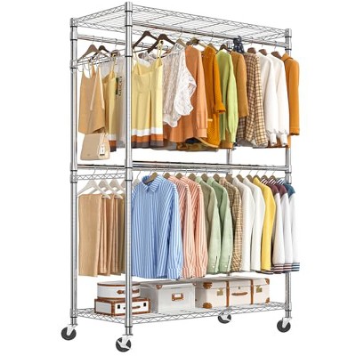 Simple Trending Heavy Duty Clothes Rack Clothing Rack with Wheels and 4 Hanging Rods, Adjustable Rolling Garment Racks, Load 560 LBS, Chrome