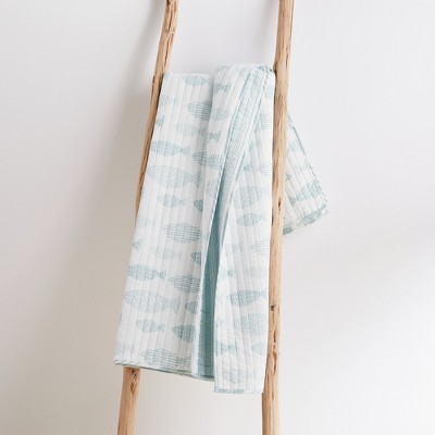 Aqua and White Cotton Reversible Quilted Throw