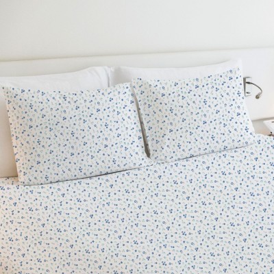 California King Blue Floral Cotton Sheet Set