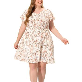 Agnes Orinda Women's Plus Size Regular Fit Deep V Neck Above Knee Cap  Sleeve Floral Dress Cyan 2x : Target