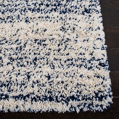 Ivory and Navy Square Shag Area Rug, 7' x 7'