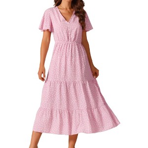 INSPIRE CHIC Women's Summer Casual Short Flutter Sleeve V Neck Elastic Waist Flowy Polka Dots Dress - 1 of 4