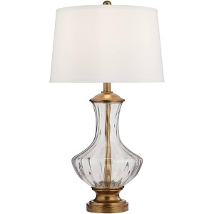 Regency Hill Harlow 28 1/2" Tall Traditional End Table Lamp Gold Clear Brass Finish Fluted Glass Metal Single White Shade Living Room Bedroom Bedside - 1 of 4