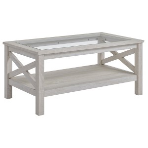 39.25" Wood Frame Coffee Table with Tempered Glass Top and Storage Shelf for Living Room - 1 of 4