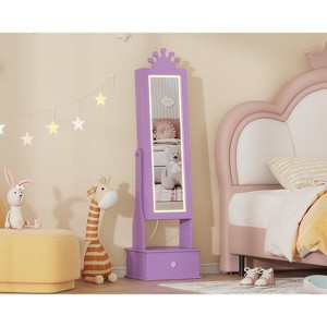 Kids Jewelry Armoire,Child Jewelry Cabinet with Led Light,Freestanding Jewelry Organizer with Full-Length Mirror,3 Storage Drawers,Kids Vanity - 1 of 4