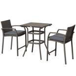 Outsunny 3 PCS Rattan Wicker Bar Set with Wood Grain Top Table and 2 Bar Stools for Outdoor, Patio, Poolside, Garden