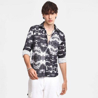 Campus Sutra Men Men's Midnight Black & Ivory White Reptilia Shirt