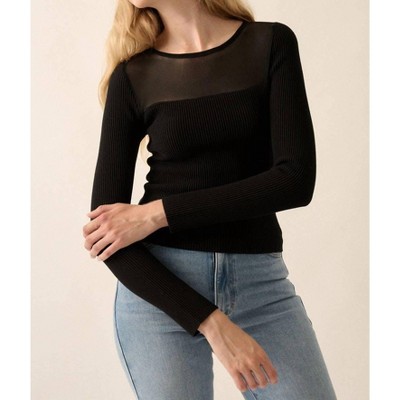 Women's SHAPER FIT MESH YOKE SOLID RIB-KNIT TOP - PROMESA
