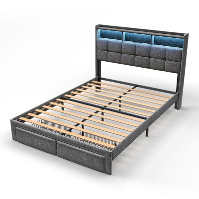 DOMETOUR Queen Bed Frame with Upholstered Headboard, 2 Drawers, LED Lights, Charging Station, Sturdy, Easy Assembly, No Box Spring, Dark Gray