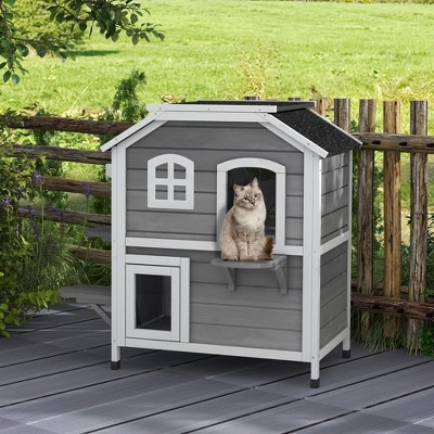 Gray and White Wooden 2-Story Outdoor Cat House with Platforms