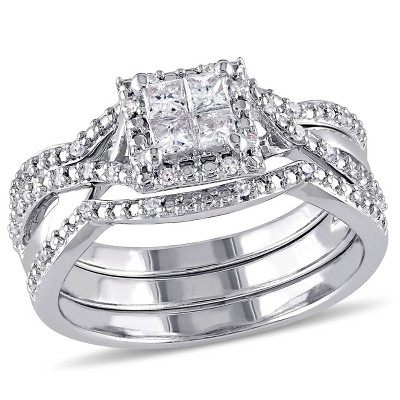 EVERLY JEWELRY | Sterling Silver 1/2 CT Princess and Round Diamonds TW Bridal Set Ring