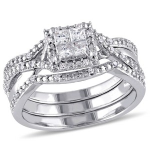 EVERLY JEWELRY | Sterling Silver 1/2 CT Princess and Round Diamonds TW Bridal Set Ring - 1 of 4