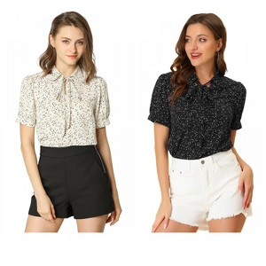 Allegra K Women's Retro Dots Print Bow Tie Peter Pan Collar Chiffon Blouse 2 Packs - 1 of 4