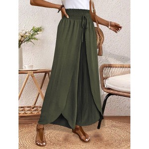 Clearlove Women's Elastic Waist Wide Leg Pants Solid Color Loose Fit Straight Cut Casual Trousers with Asymmetric Hem - 1 of 1