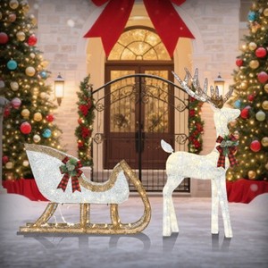 Wovenbyrd Holiday Time Set of 2 Light-Up Deer and Sleigh Family Christmas Decoration, - 1 of 1