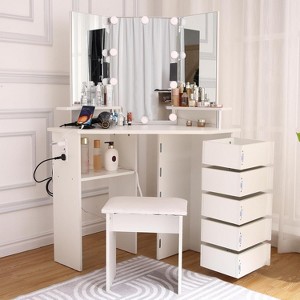 Farmhouse Vanity Desk with Mirror and Lights,Modern Makeup Vanity with Charging Station & 5 Rotating Jewelry Cabinet - 1 of 4