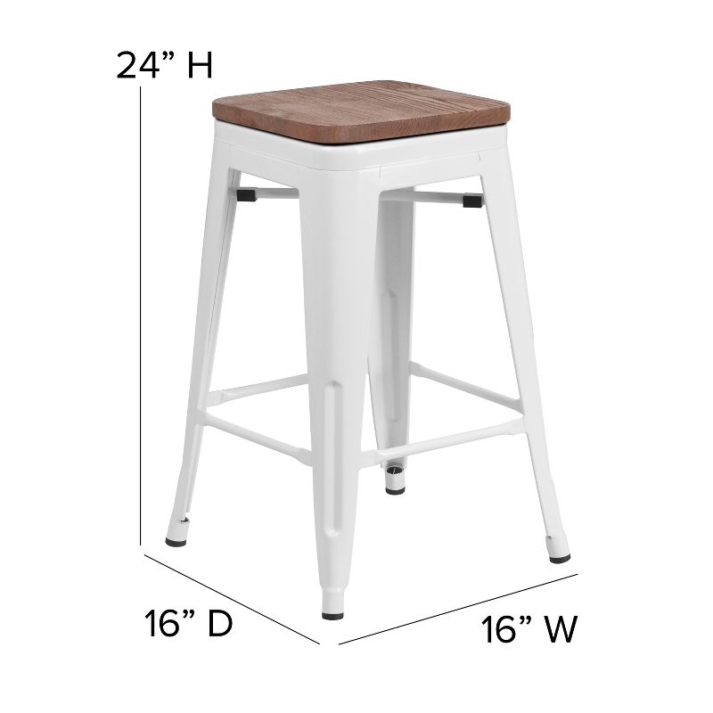 Emma and Oliver 24"H Backless White Metal Counter Height Stool with Wood Seat, 6 of 14