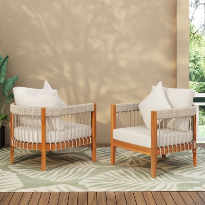 Outdoor Club Chair, Acacia Wood Frame with Handwoven Rope and Removable Cushions, Boho Patio Seating for Porch or Garden - Coolbibila
