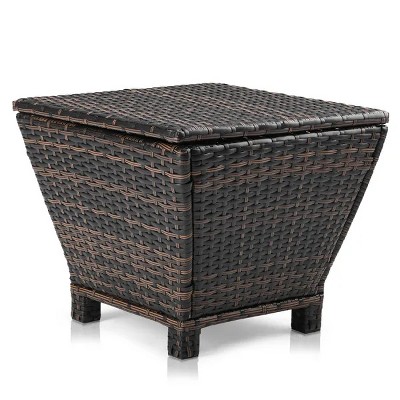 PE Wicker Side Table with Storage, Small Patio Storage Bin Container for Hose Cushion Towel, Brown
