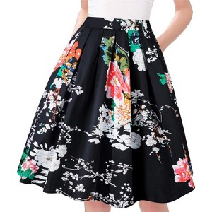 Vintage High-Waist Pleated Skirt - Women's A-Line Midi Skirt with Retro Flair Black and White Flower - 1 of 4
