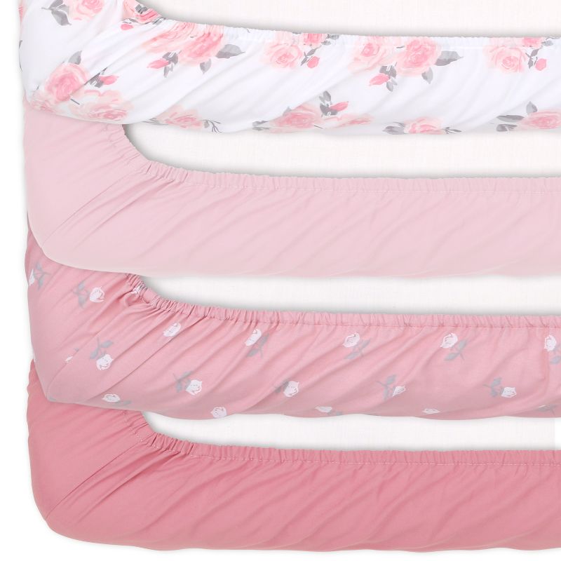 The Peanutshell Fitted Crib Sheet Set for Baby Girls, Pink Roses and Floral, 4 Pack Set, 3 of 13