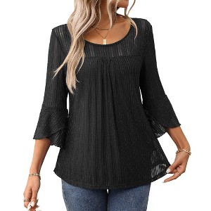 Women's 3/4 Sleeve Tops Sparkly Dressy Casual Double Layers Mesh Shirt Business Work Blouses Office Tunic Tops - 1 of 4
