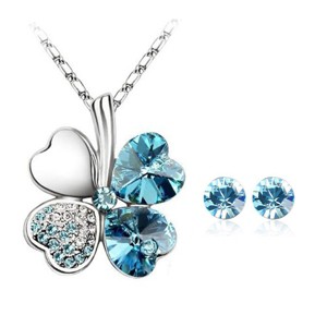 Gold Plated Crystal Heart Shaped Four Leaf Clover Pendant Necklace and Stud Earrings Jewelry Set (Sea Blue) - 1 of 4
