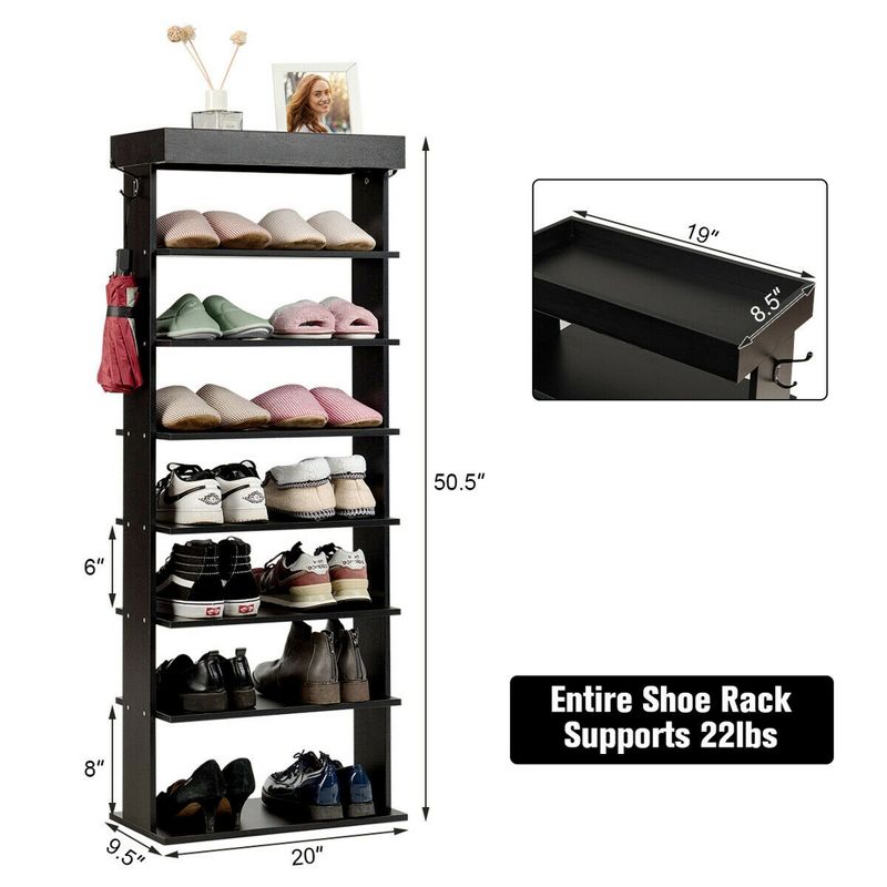 Costway 7-Tier Shoe Rack Vertical Design Wooden Shoe Storage Shelf w/Hooks Black, 3 of 11